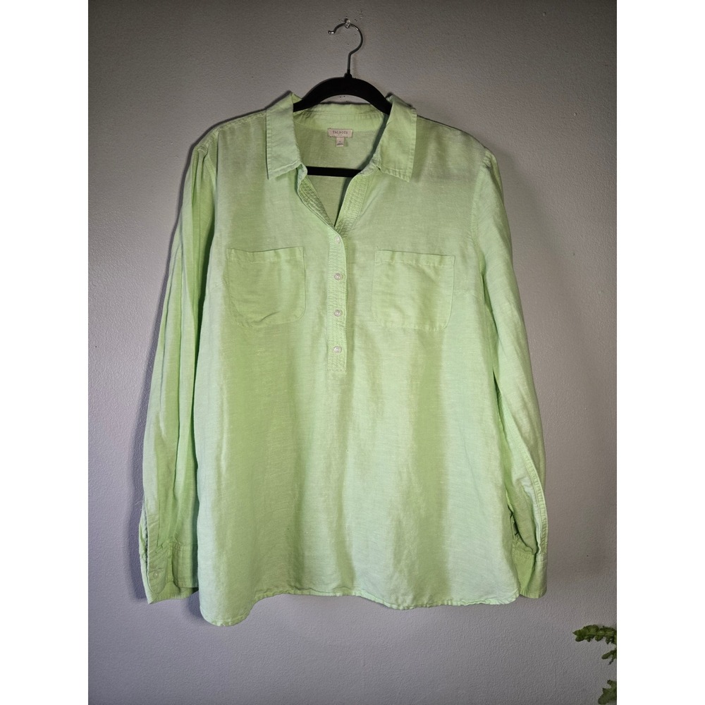 Talbots Linen Blend Top Women's Large Green Button Front Lightweight Long Sleeve